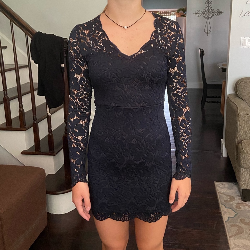 H&M Navy blue lace, long sleeve mini dress